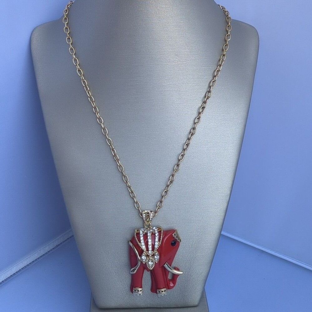 Betsey Johnson Red Elephant Gold Pendant Charm Chain Necklace